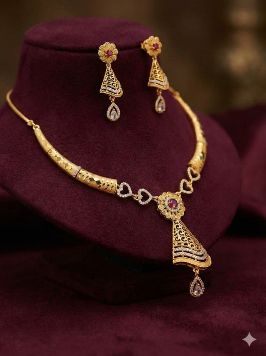 Traditional Micro Gold Plated And Diamond Necklace Set with Matching Earrings