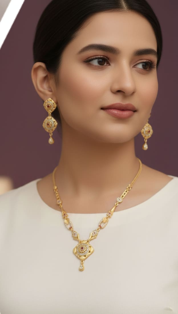 Gold Plated Ad Diamond Studded Fancy Necklace With Handcuff Combo