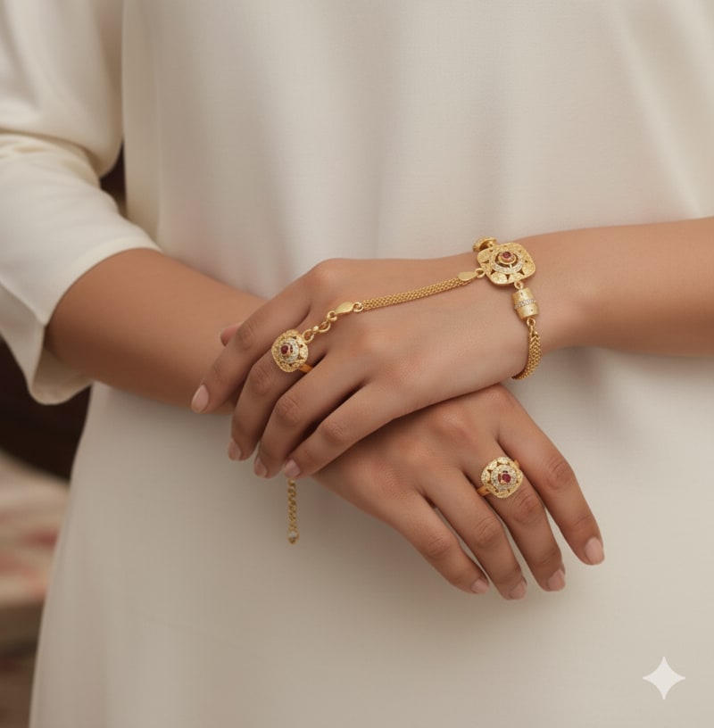 Gold Plated Ad Diamond Studded Fancy Necklace With Handcuff Combo