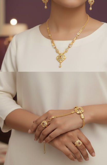 Gold Plated Ad Diamond Studded Fancy Necklace With Handcuff Combo