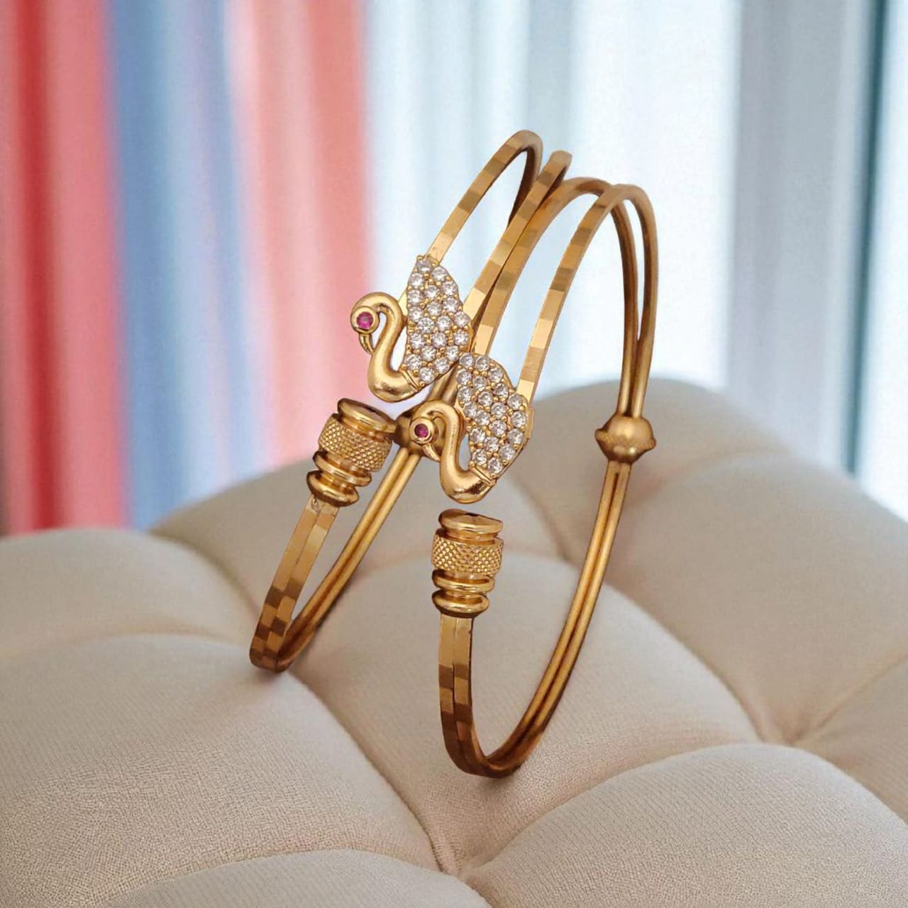Designer High Gold Plated Swan Design Ad Diamond Studded Bangles For Women