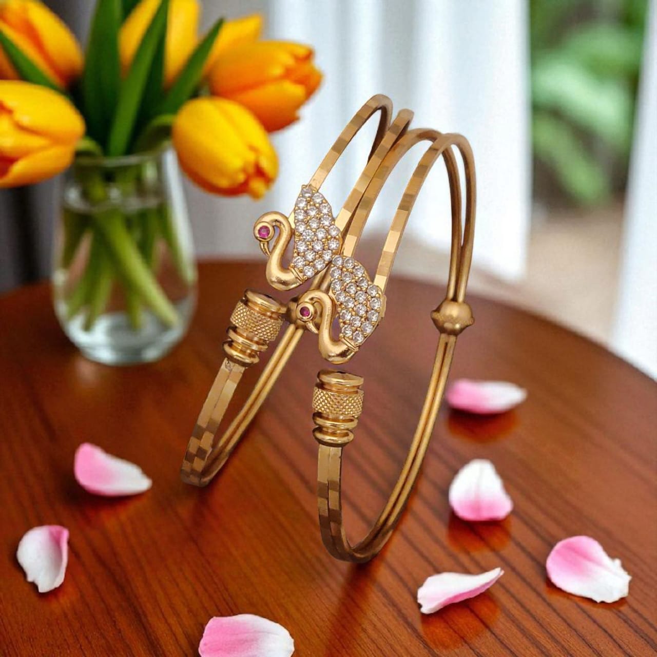 Designer High Gold Plated Swan Design Ad Diamond Studded Bangles For Women