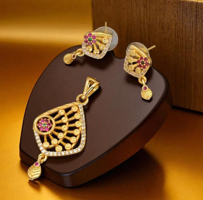 Micro Gold Plated Ad Diamond Studded Fancy Flower Design Pendant Set For Women