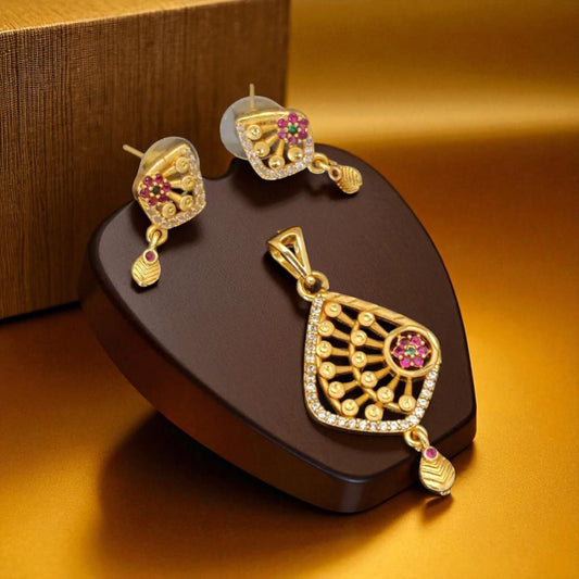 Micro Gold Plated Ad Diamond Studded Fancy Flower Design Pendant Set For Women