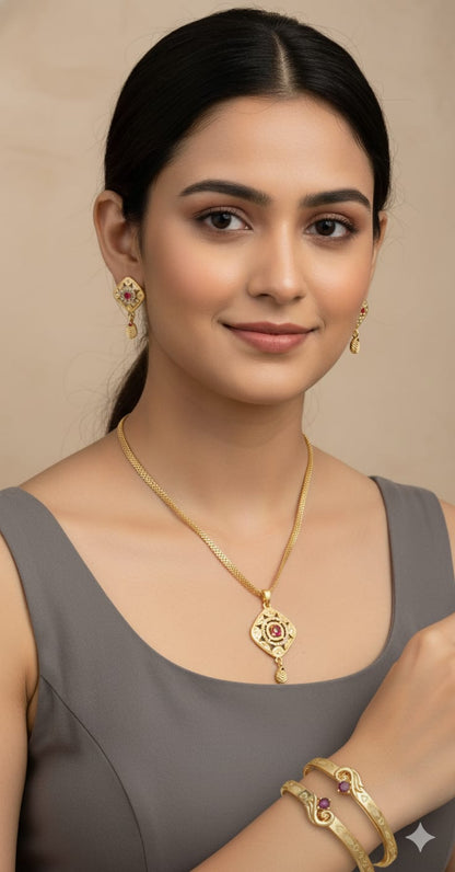 Micro Gold Plated Ad Diamond Square Pendant Set With Flower Adjustable Kadli Bangle