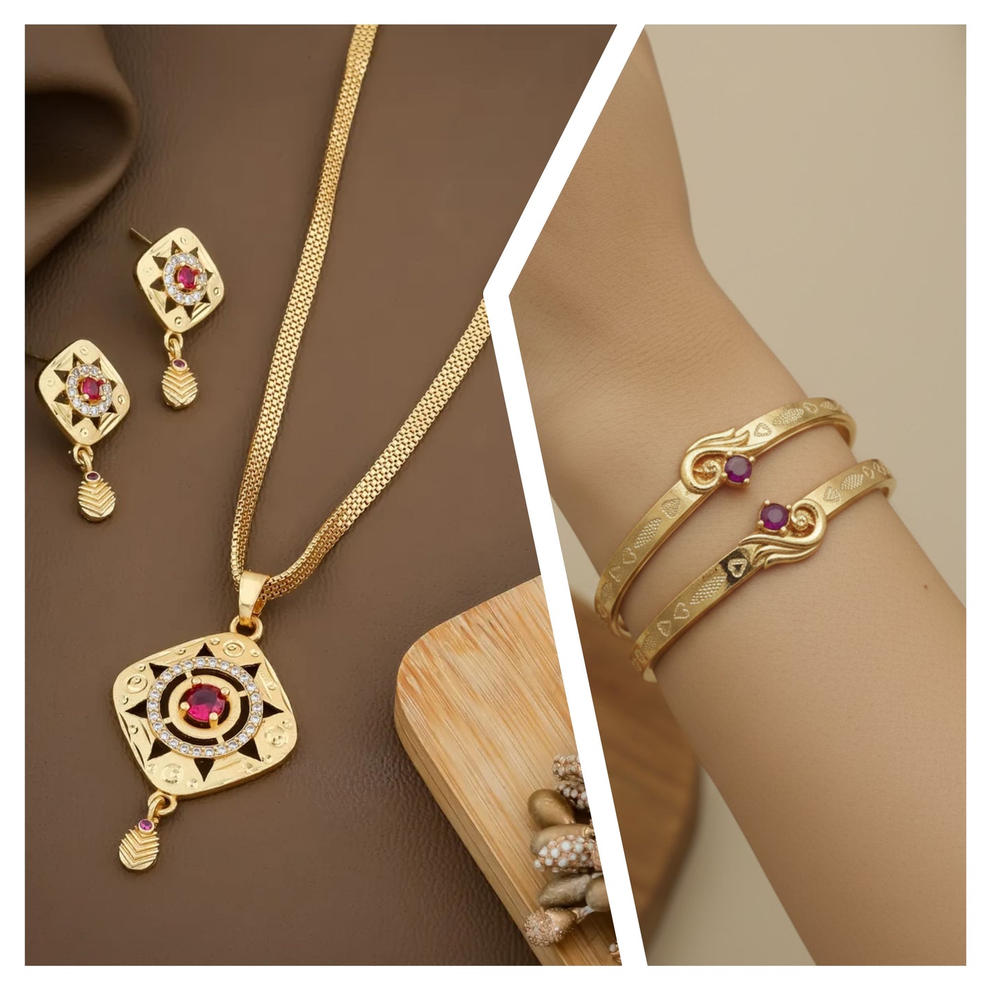 Micro Gold Plated Ad Diamond Square Pendant Set With Flower Adjustable Kadli Bangle