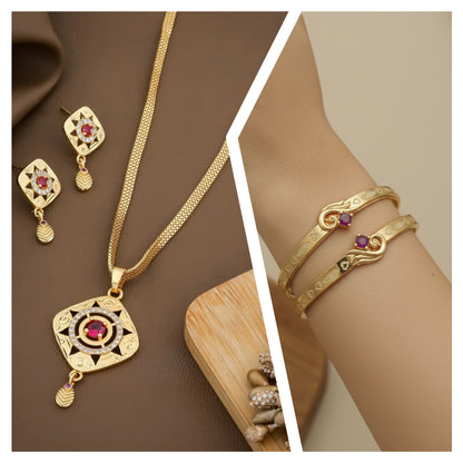 Micro Gold Plated Ad Diamond Square Pendant Set With Flower Adjustable Kadli Bangle