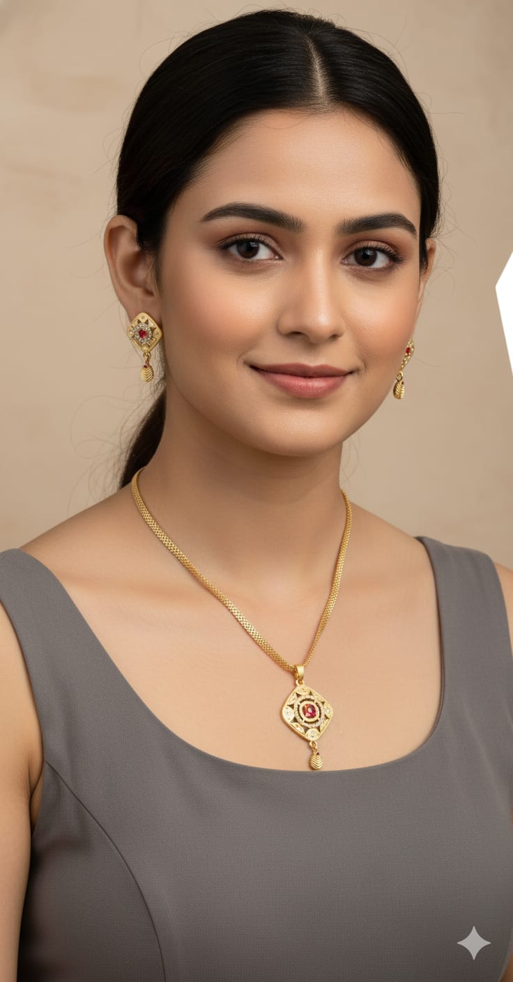 Micro Gold Plated Ad Diamond Square Pendant Set With Flower Adjustable Kadli Bangle