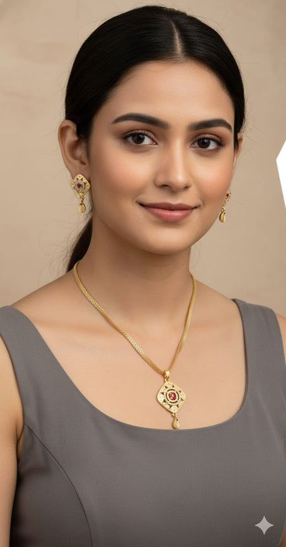 Micro Gold Plated Ad Diamond Square Pendant Set With Flower Adjustable Kadli Bangle