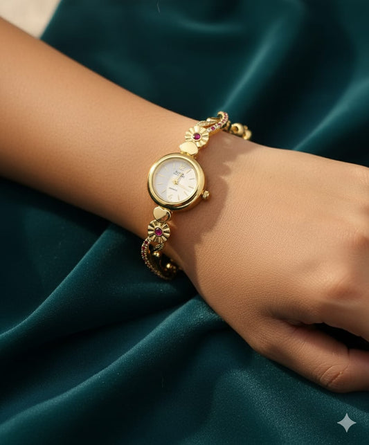 Gold Plated White Dial Floral Bracelet Watch For Women
