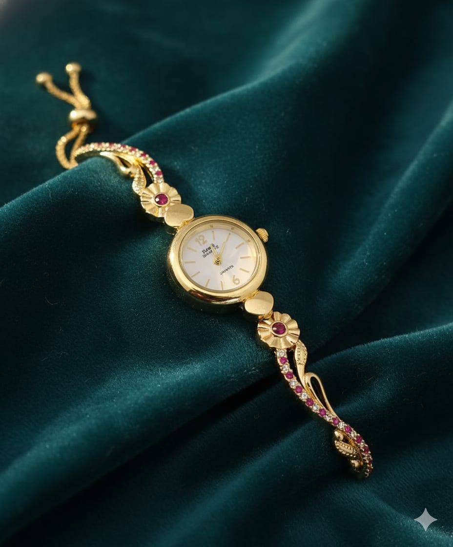 Gold Plated White Dial Floral Bracelet Watch For Women