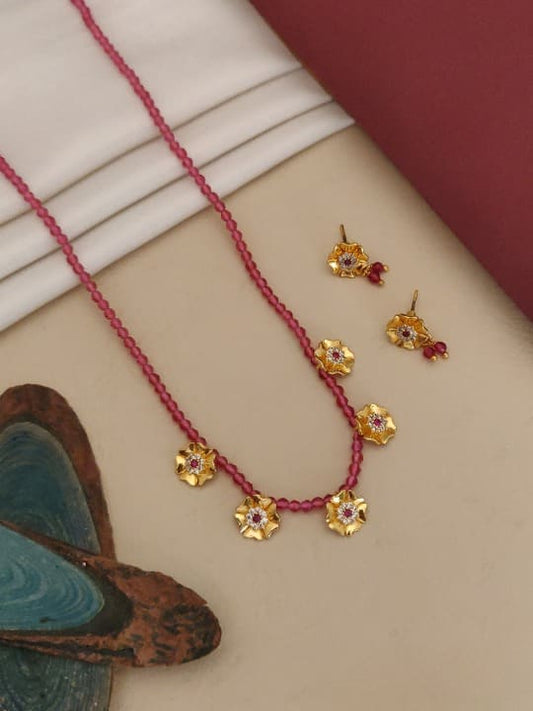 New Designer High Gold Plated Ad Diaond Studded Fancy Pink Forming Flower Necklace With Earring