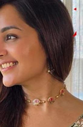 High Gold Plated Meena Work Pink Lotus Necklace With Earrings For Women
