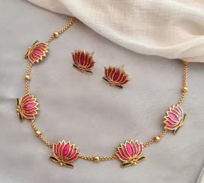 High Gold Plated Meena Work Pink Lotus Necklace With Earrings For Women