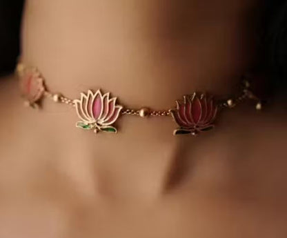High Gold Plated Meena Work Pink Lotus Necklace With Earrings For Women