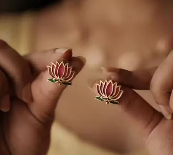 High Gold Plated Meena Work Pink Lotus Necklace With Earrings For Women