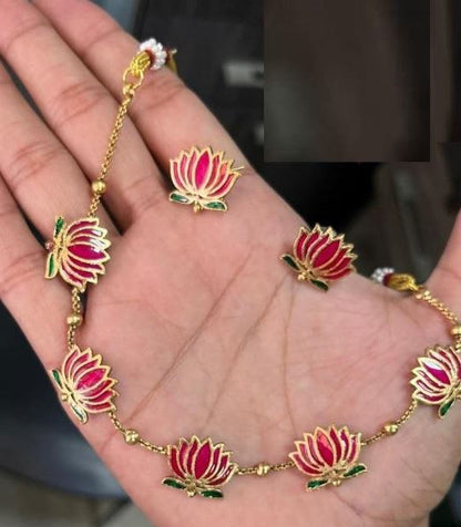 High Gold Plated Meena Work Pink Lotus Necklace With Earrings For Women