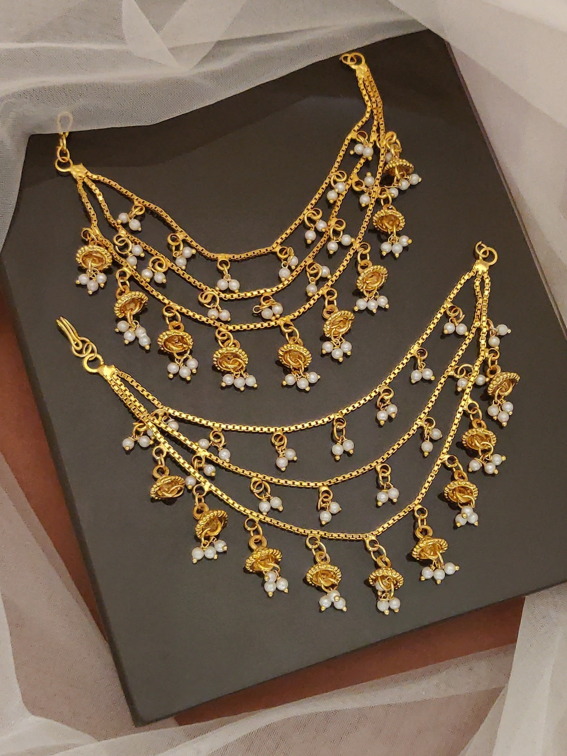 High Gold Plated Jhumki Pearl Drop 3 Line Hanging Ear Chain for Women