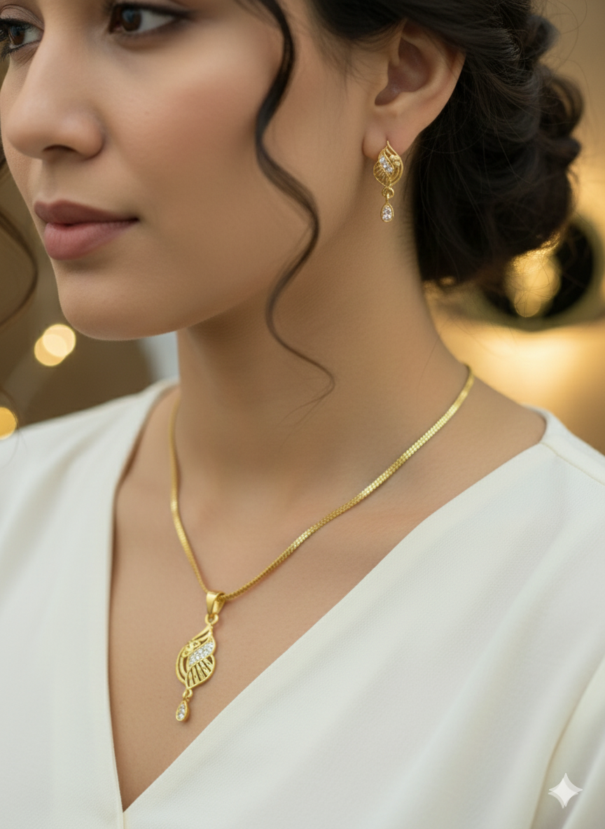 Micro Gold Plated AD Diamond Leaf Design Pendant Set with Earrings