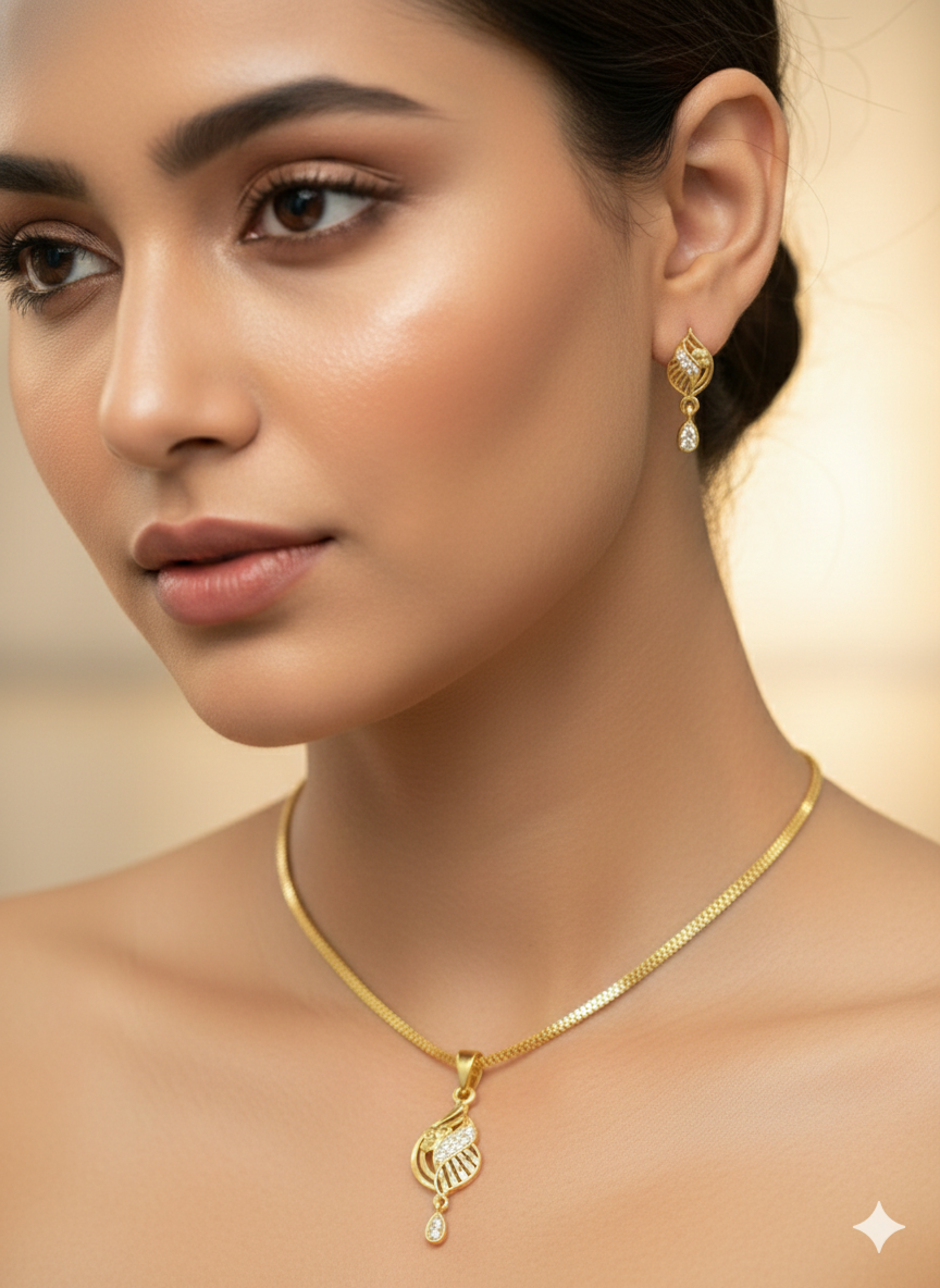Micro Gold Plated AD Diamond Leaf Design Pendant Set with Earrings