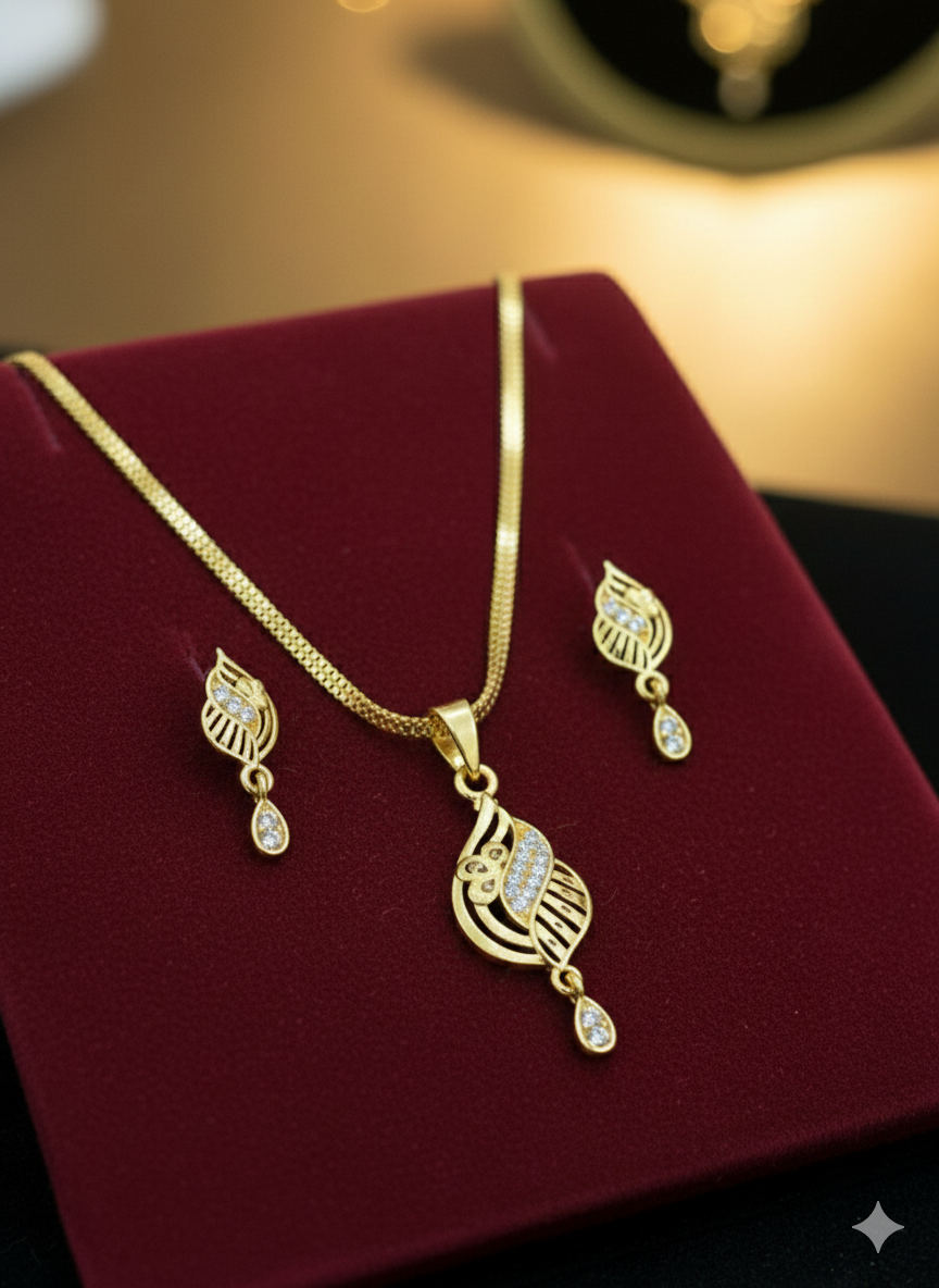 Micro Gold Plated AD Diamond Leaf Design Pendant Set with Earrings