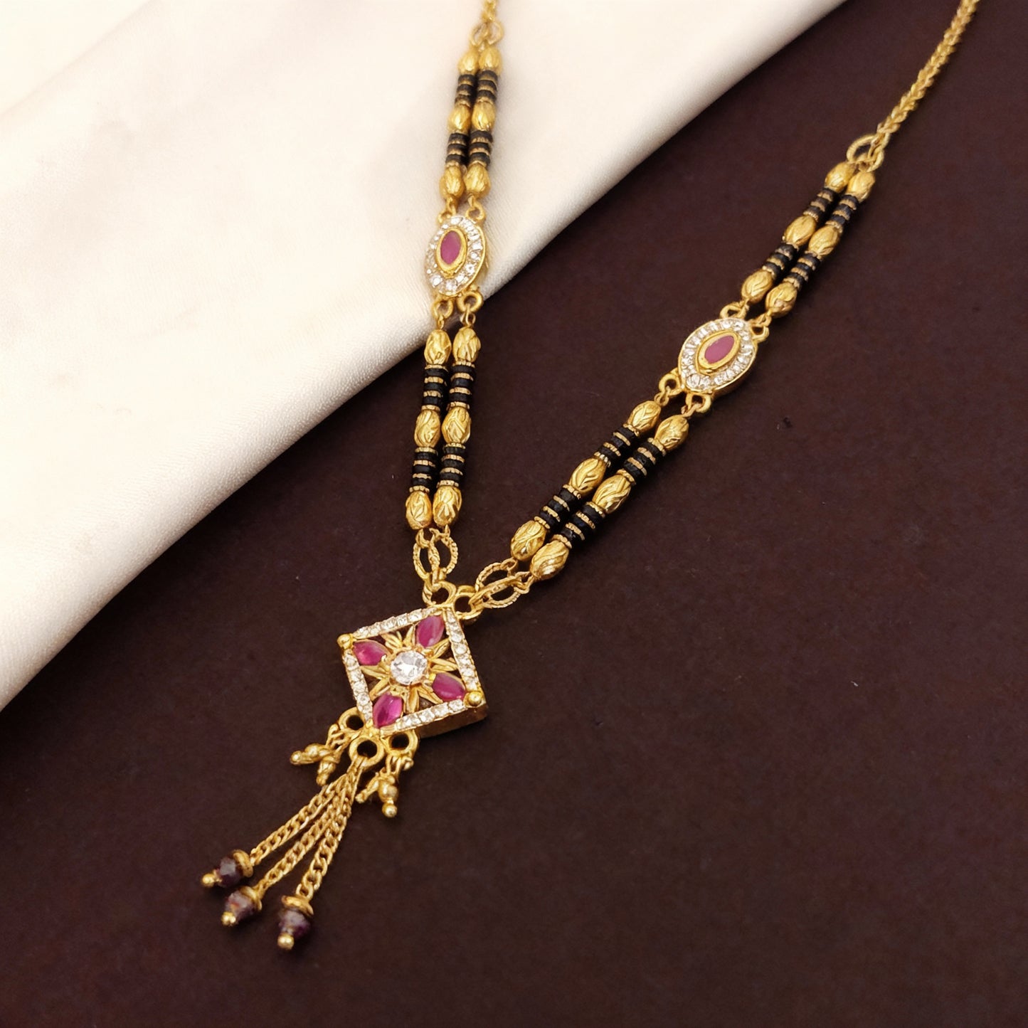 Micro Gold Plated AD Diamond Square Pendant Mangalsutra with Ruby Accents