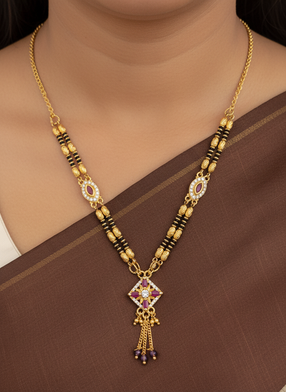 Micro Gold Plated AD Diamond Square Pendant Mangalsutra with Ruby Accents