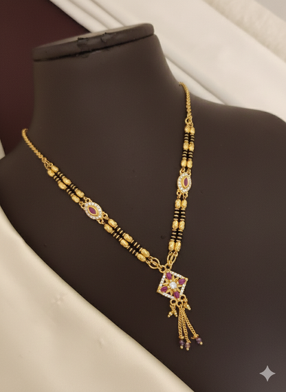 Micro Gold Plated AD Diamond Square Pendant Mangalsutra with Ruby Accents