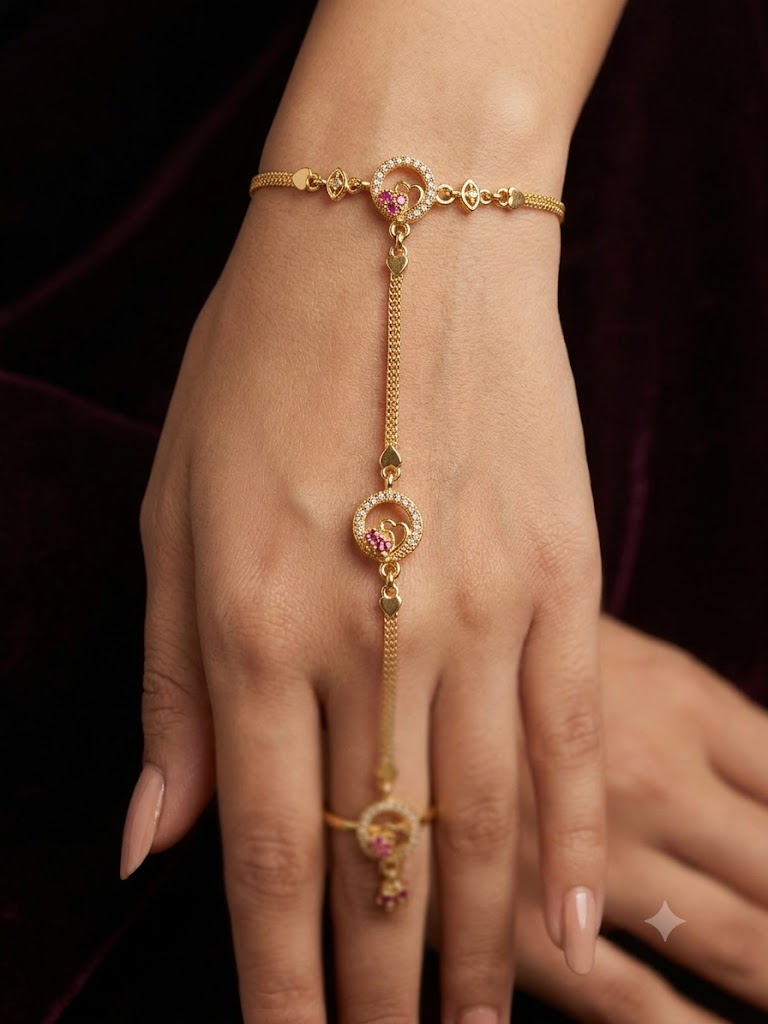 Micro Gold Plated AD Diamond Studded Fancy Heart Design  (Hathphool) for Women