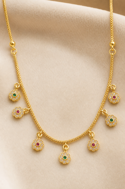 Micro Gold Plated AD Diamond Studded Floral Charm Necklace for Women