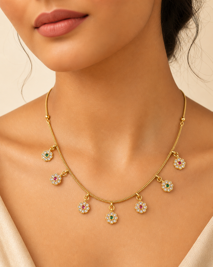 Micro Gold Plated AD Diamond Studded Floral Charm Necklace for Women
