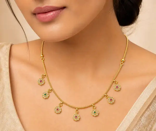 Micro Gold Plated AD Diamond Studded Floral Charm Necklace for Women