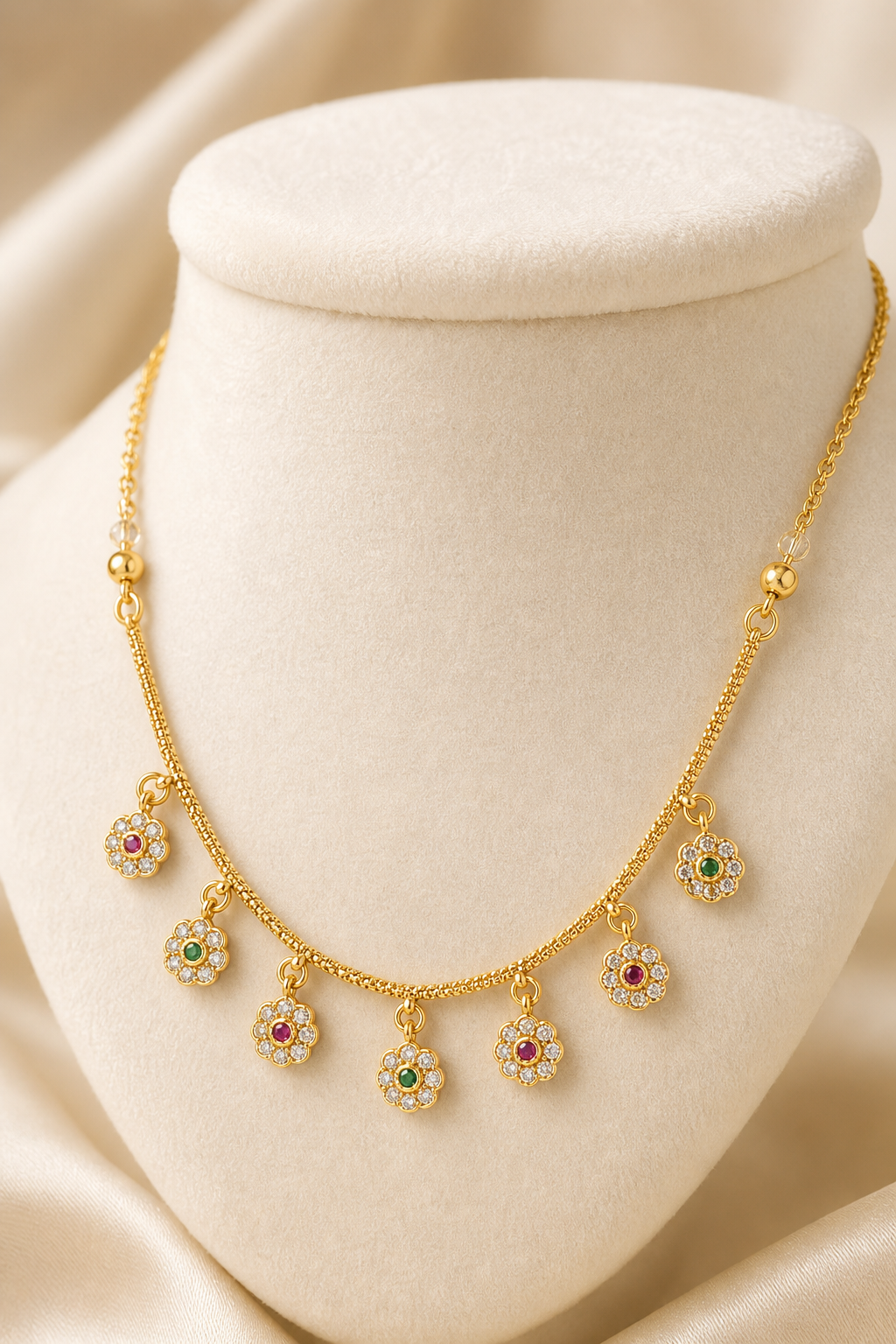 Micro Gold Plated AD Diamond Studded Floral Charm Necklace for Women