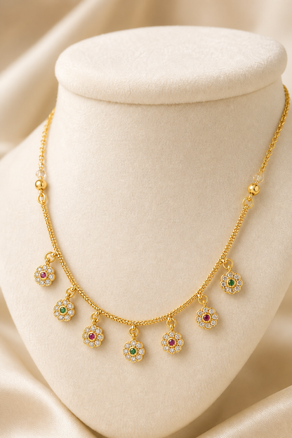 Micro Gold Plated AD Diamond Studded Floral Charm Necklace for Women