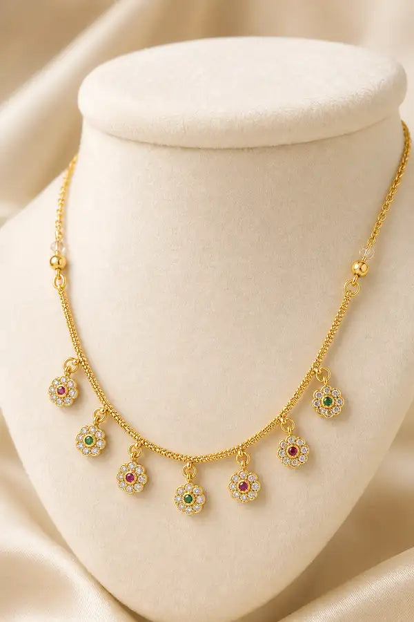 Micro Gold Plated AD Diamond Studded Floral Charm Necklace for Women