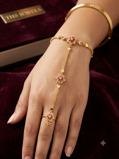 Micro Gold Plated AD Diamond Studded Floral Hathphool Bracelet Ring for Women
