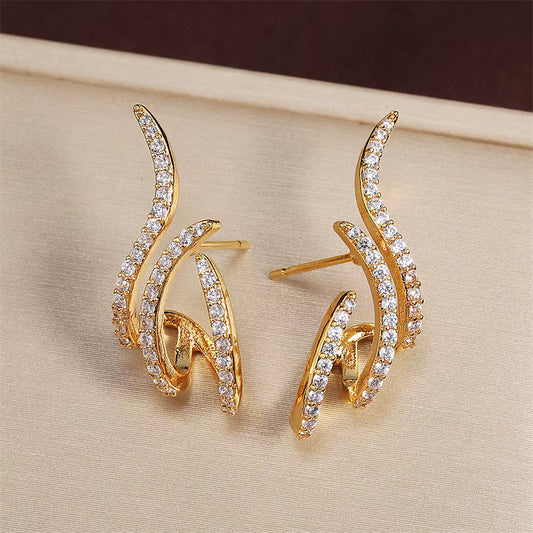 Micro Gold Plated AD Diamond Studded Triple Curve Hoop Earrings for Women | Elegant Designer Party Wear Earrings