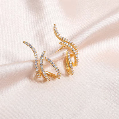 Micro Gold Plated AD Diamond Studded Triple Curve Hoop Earrings for Women | Elegant Designer Party Wear Earrings