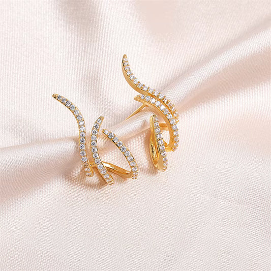 Micro Gold Plated AD Diamond Studded Triple Curve Hoop Earrings for Women | Elegant Designer Party Wear Earrings