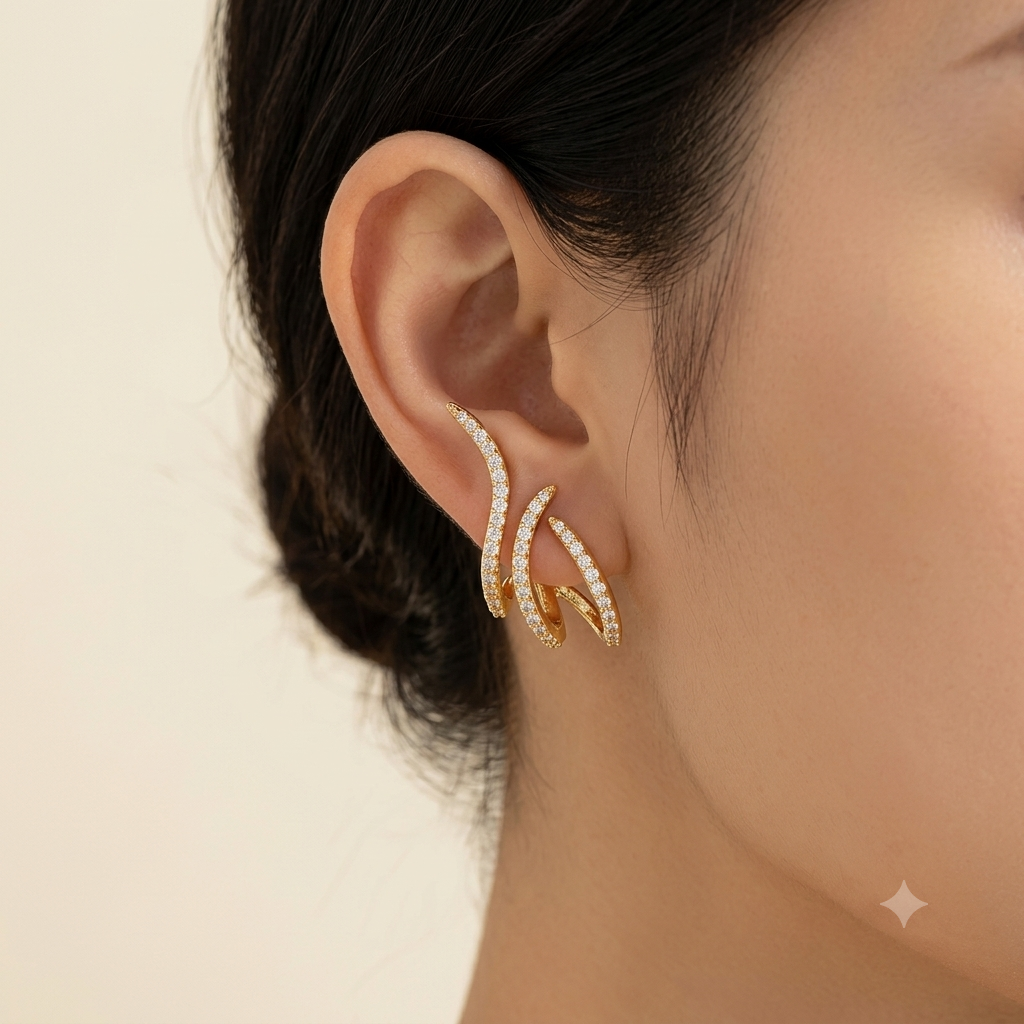 Micro Gold Plated AD Diamond Studded Triple Curve Hoop Earrings for Women | Elegant Designer Party Wear Earrings