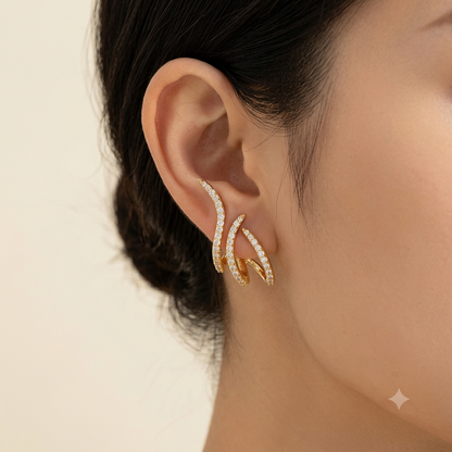 Micro Gold Plated AD Diamond Studded Triple Curve Hoop Earrings for Women | Elegant Designer Party Wear Earrings