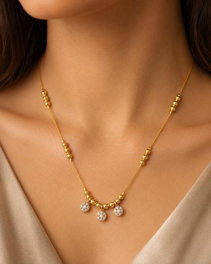 Micro Gold Plated AD Diamond Studded Triple Floral Drop Ball Chain Necklace for Women | Elegant Daily Wear Designer Chain