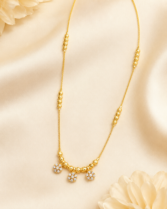 Micro Gold Plated AD Diamond Studded Triple Floral Drop Ball Chain Necklace for Women | Elegant Daily Wear Designer Chain
