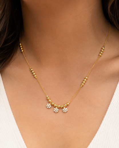 Micro Gold Plated AD Diamond Studded Triple Floral Drop Ball Chain Necklace for Women | Elegant Daily Wear Designer Chain