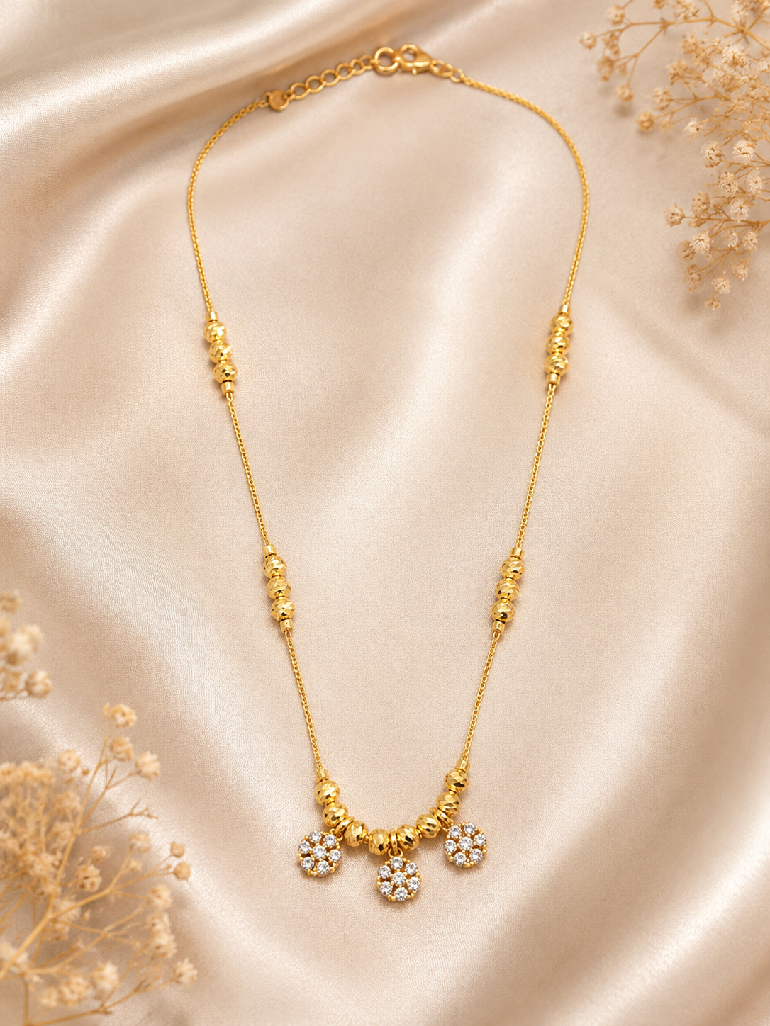 Micro Gold Plated AD Diamond Studded Triple Floral Drop Ball Chain Necklace for Women | Elegant Daily Wear Designer Chain