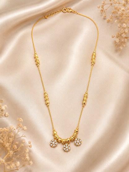 Micro Gold Plated AD Diamond Studded Triple Floral Drop Ball Chain Necklace for Women | Elegant Daily Wear Designer Chain