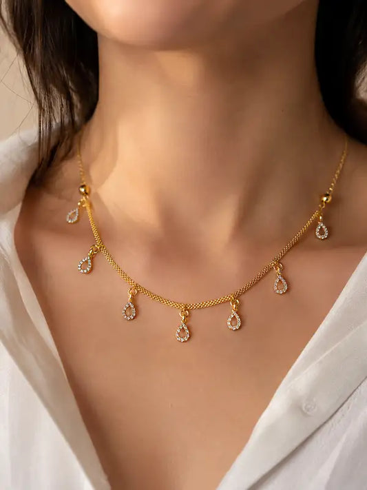 Micro Gold-Plated AD Diamond Teardrop Charm Chain Necklace for Women