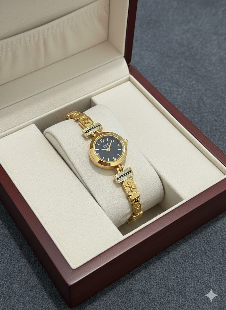 Floral Accents Micro Gold Plated Elegant Bracelet Watch for Women