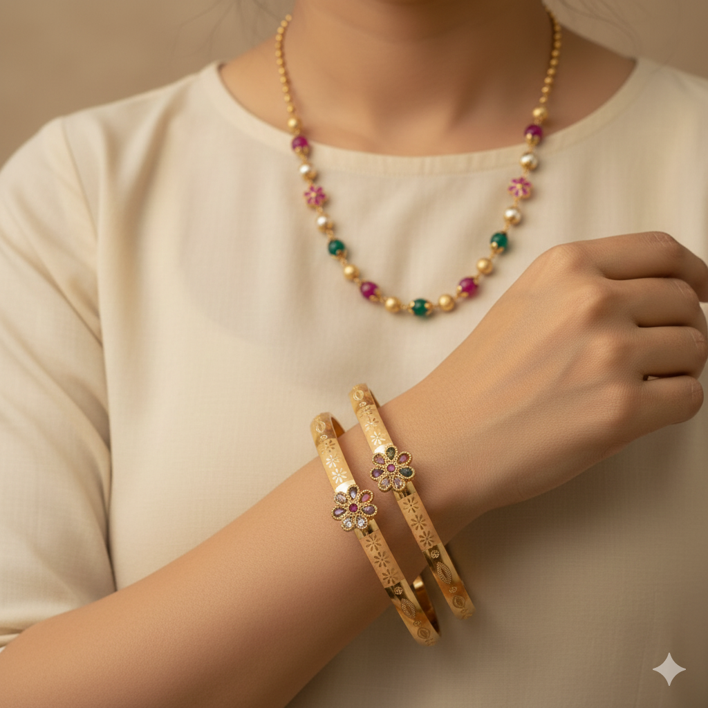 Micro Gold Plated Floral Stone Studded Traditional Bangle Pair with Pearl Chain