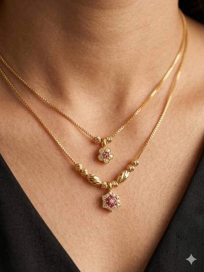 Micro Gold Plated Floral & Beaded Pendant Necklace Combo for Women